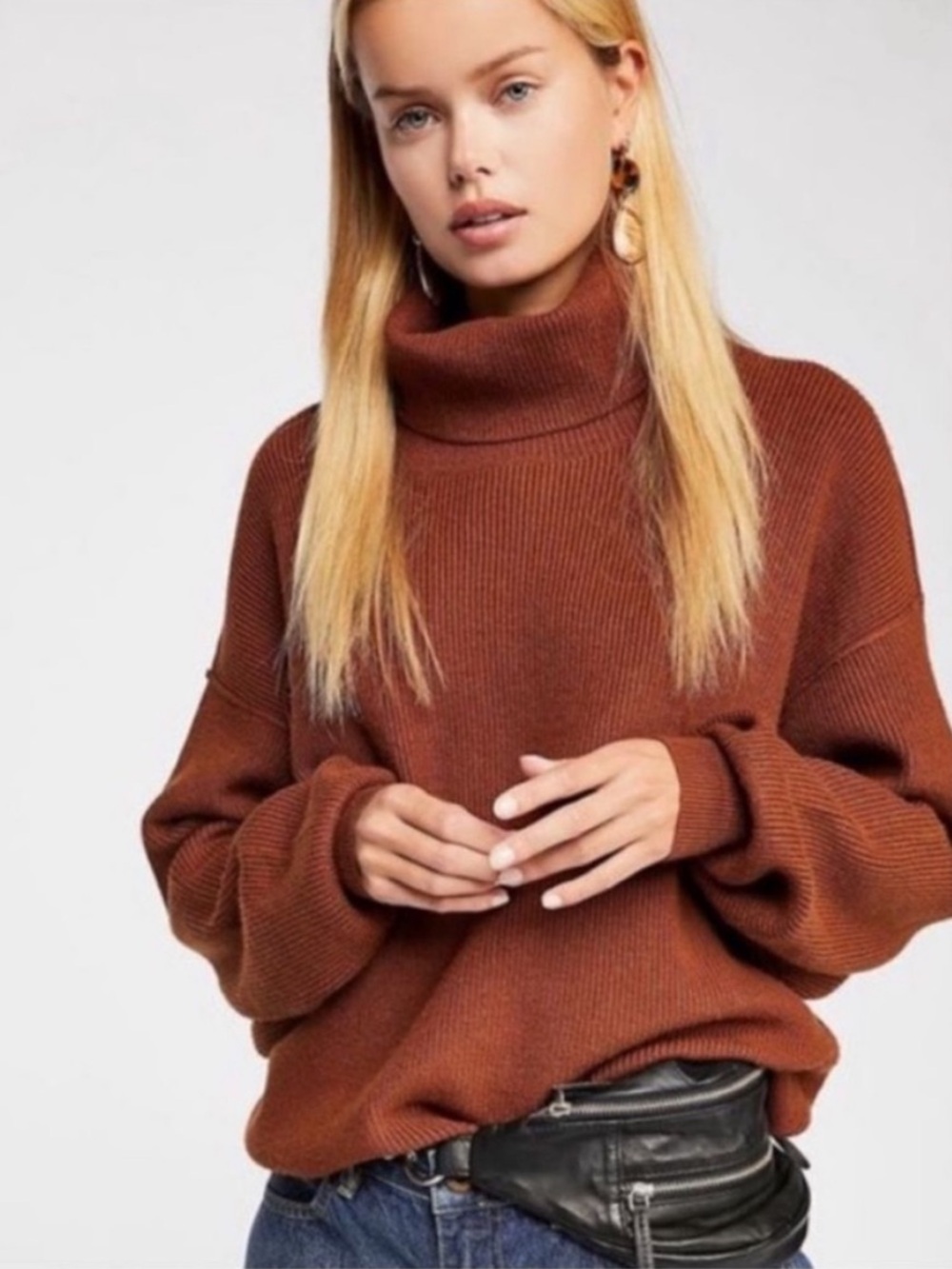 Free People Softly Structured Tunic Sweater in Tobacco Brown Size Small